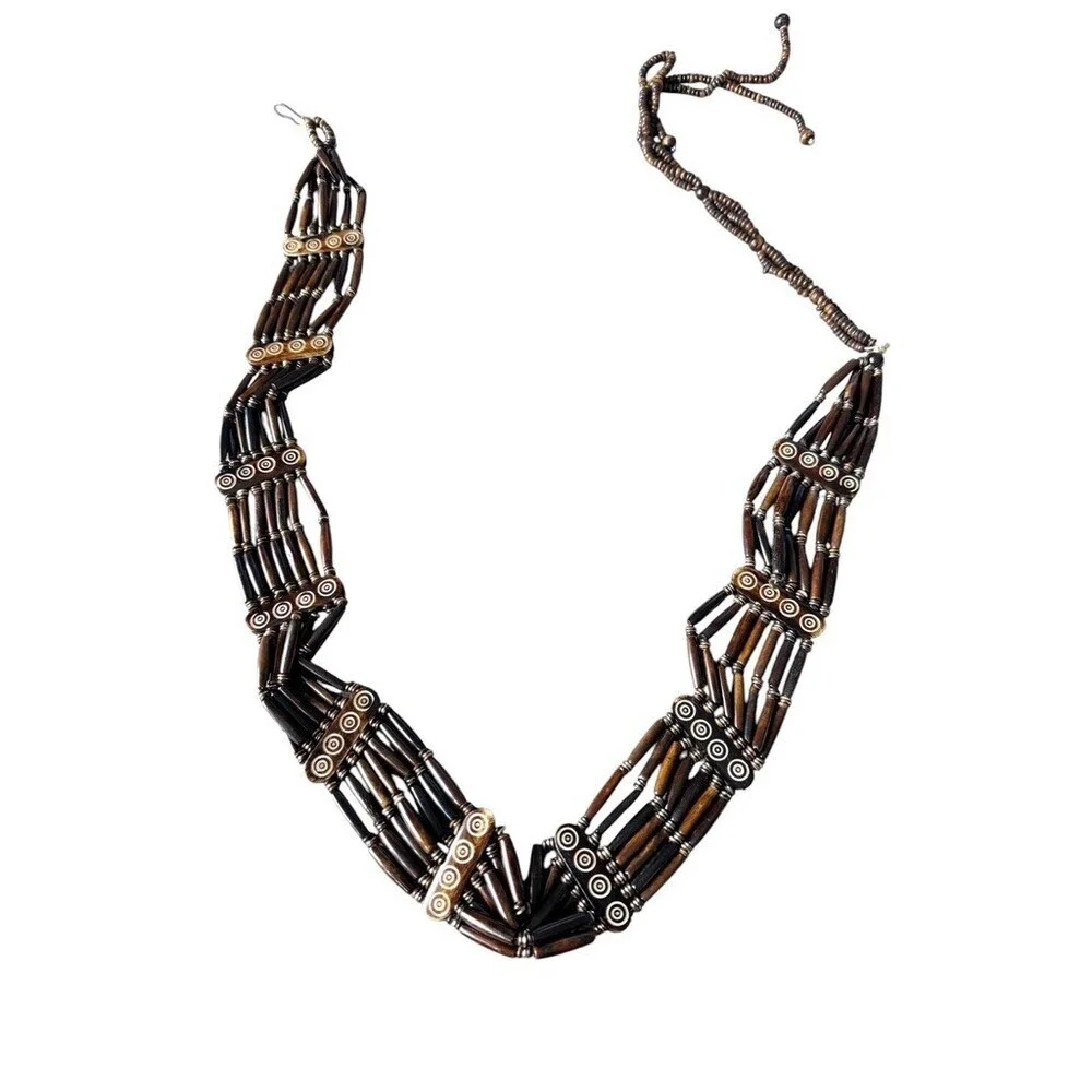 Vintage Tribal Bone Belt Tube Bead Multi-Strand Carved Circle Boho brown womens